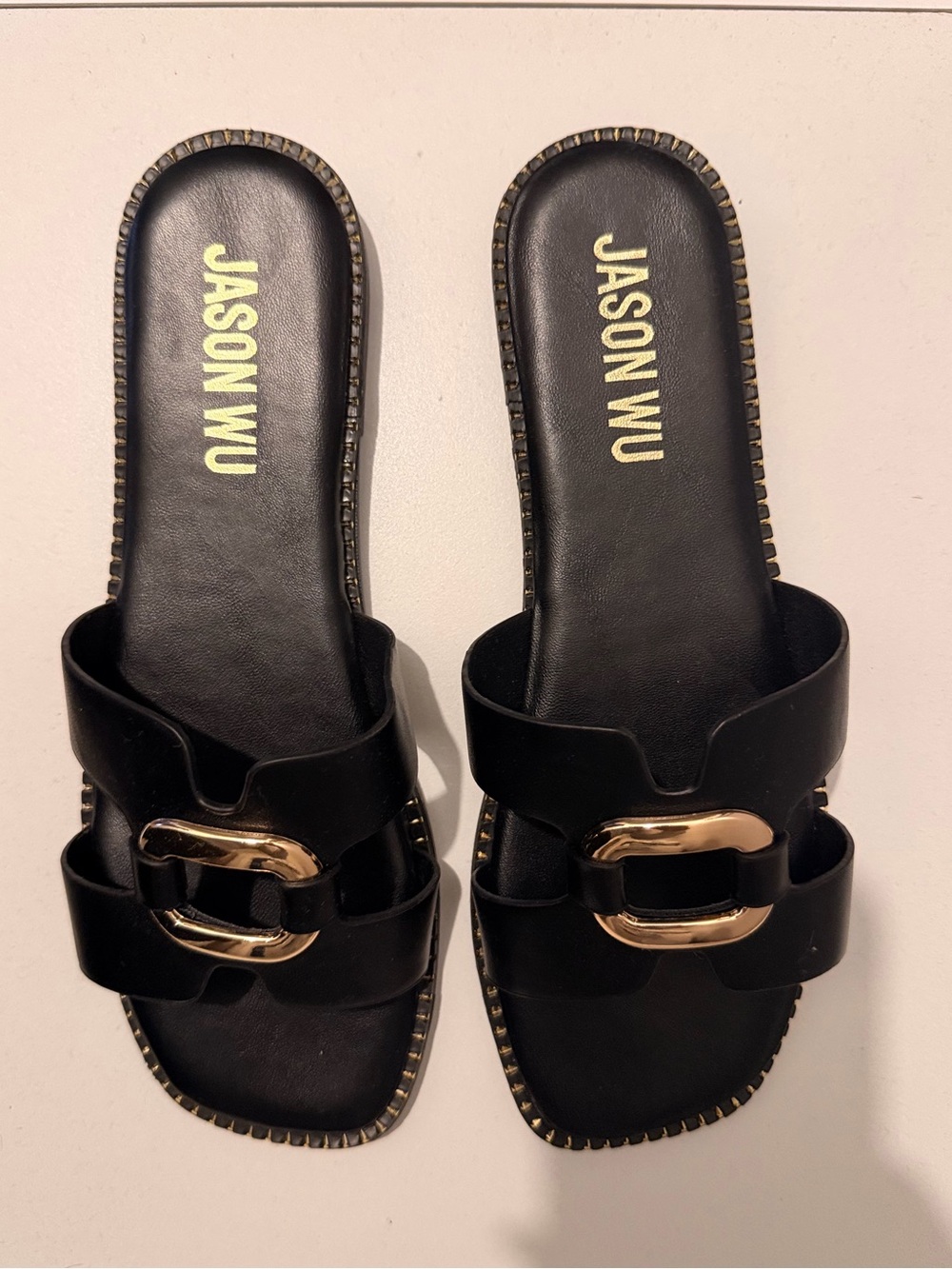 Jason Wu Black Leather Slide Sandals with Gold Buckle - Size 10
